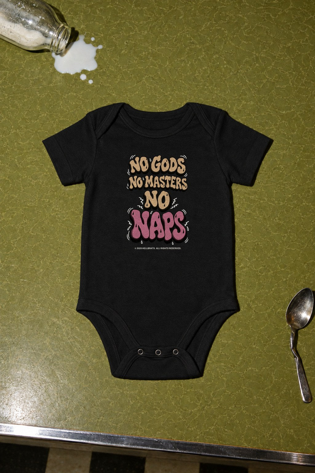 NO GODS NO MASTERS NO NAPS onesie Black photo